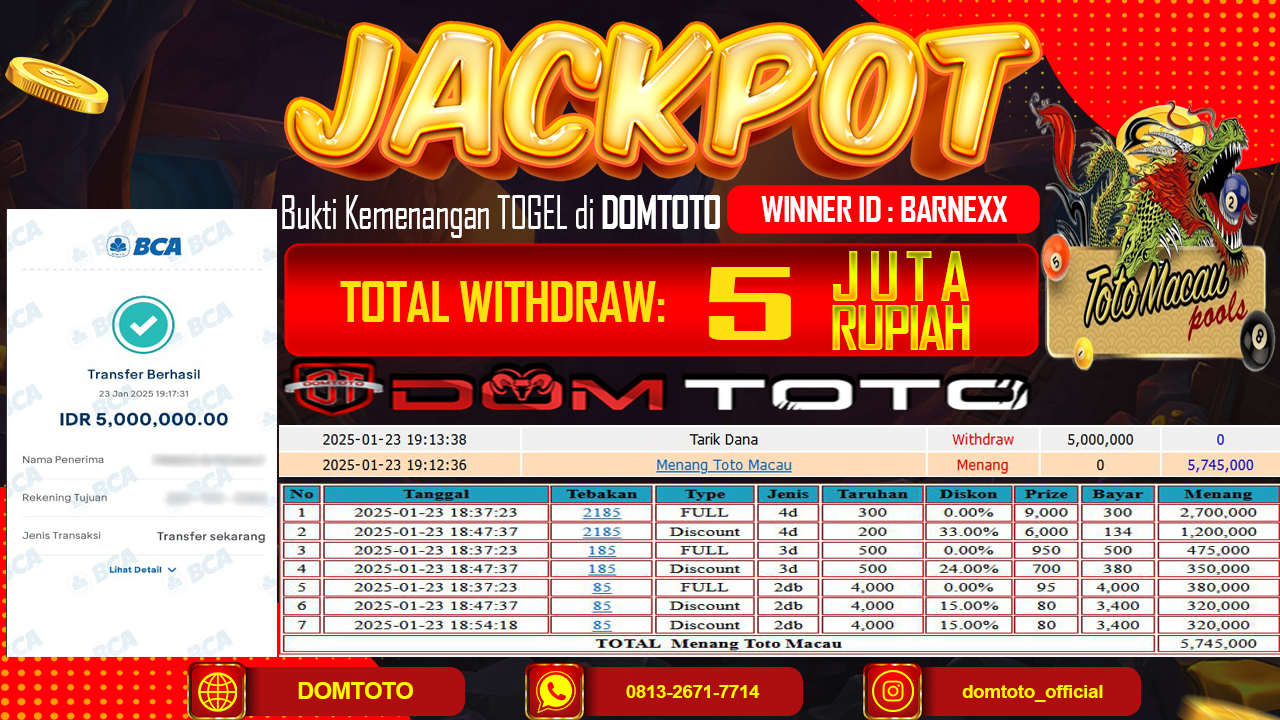 JACKPOT TOGEL TOTOMACAU 4D 23 JANUARI 2025